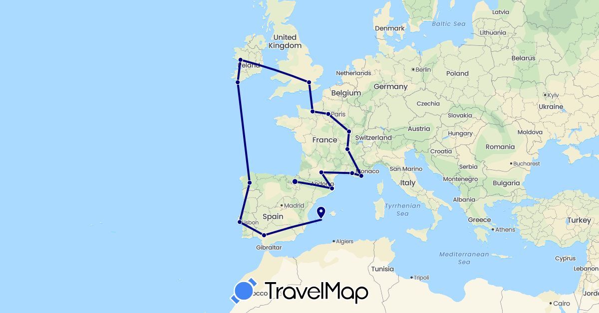 TravelMap itinerary: driving in Spain, France, United Kingdom, Ireland, Portugal (Europe)
